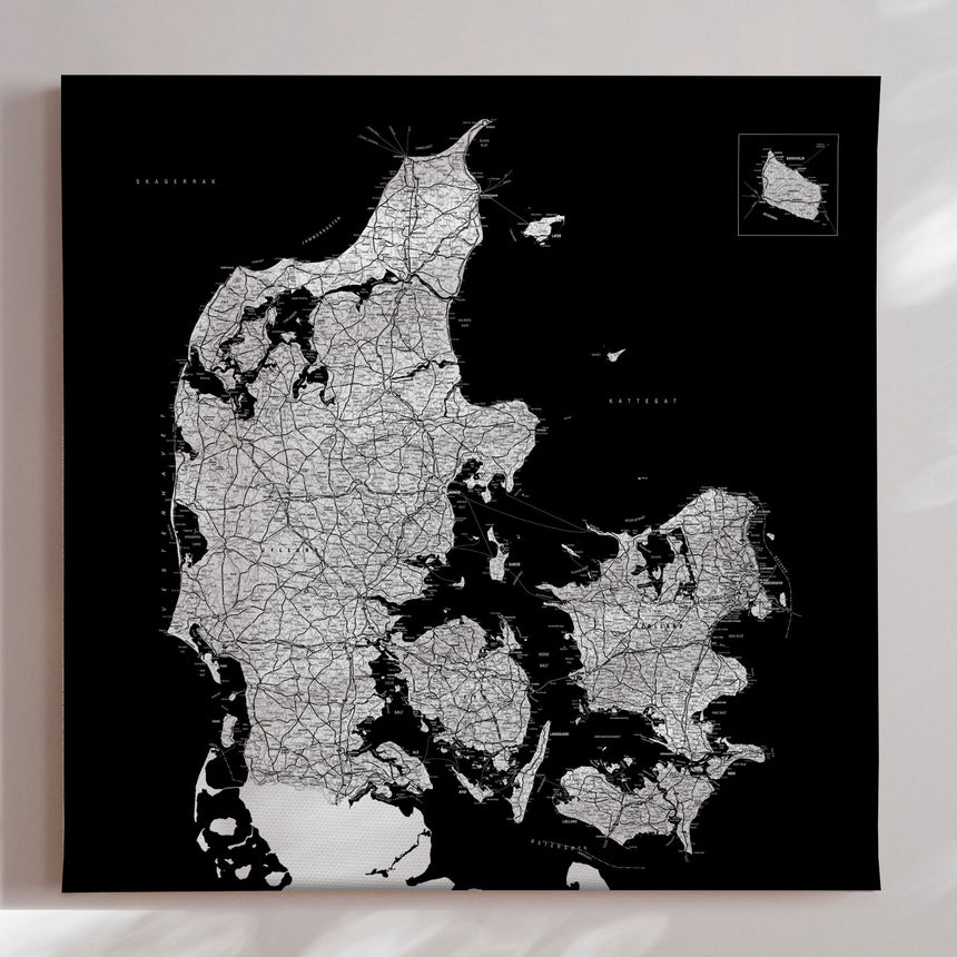 Danmarkskort - Black - Lærredstryk - Incado