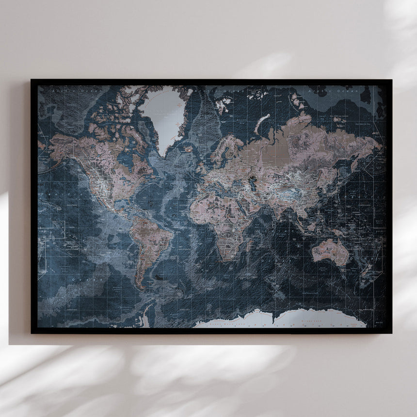 Verdenskort i sort ramme - Modern Blue - Plakat - Incado