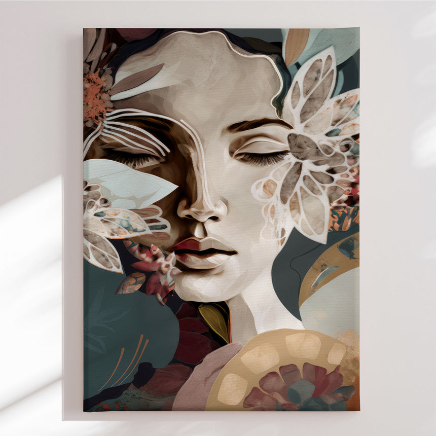 Lærredstryk - Woman Portrait with Floral Elements - Bella Eve