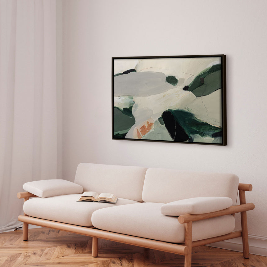 Håndlavet maleri med ramme - Soft Green Abstract Landscape - Arohika Verma - Mixed media