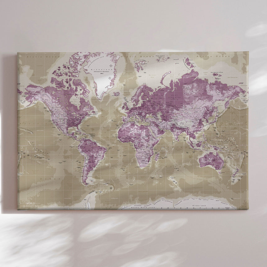 Verdenskort - Purple - Lærredstryk - Incado