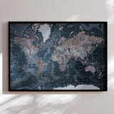 Verdenskort i sort ramme - Modern Blue - Plakat - Incado