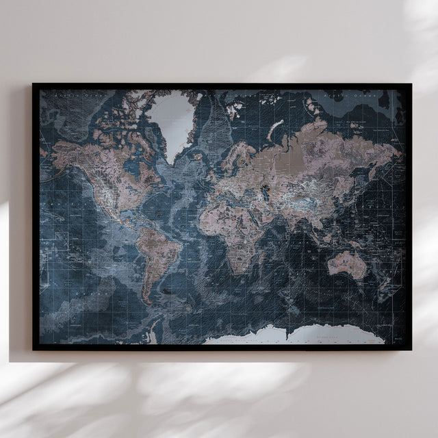 Verdenskort i sort ramme - Modern Blue - Plakat - Incado