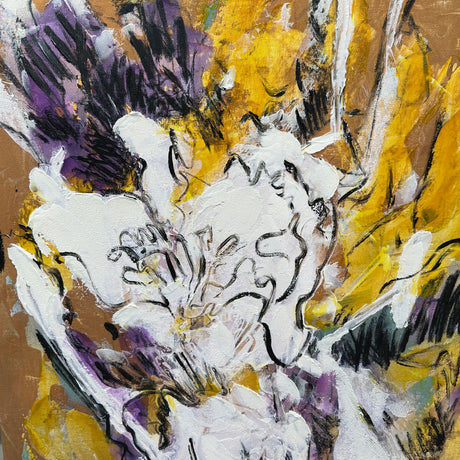 Håndlavet maleri med ramme - Golden Floral Bloom - Dorothy Fagan - Mixed Media