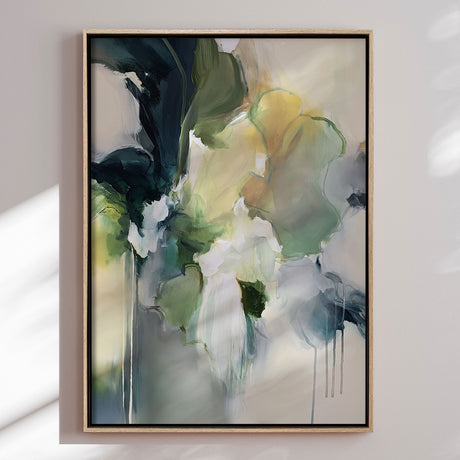 Håndlavet maleri med ramme - Green Yellow Abstract Bloom - Stephanie Jeuffroy - Mixed media