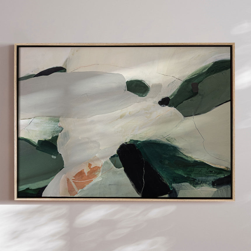 Håndlavet maleri med ramme - Soft Green Abstract Landscape - Arohika Verma - Mixed media